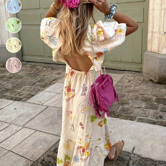 Apricot Casual Women's Elegant Printed Backless Boho Dress - Picture 2 of 11